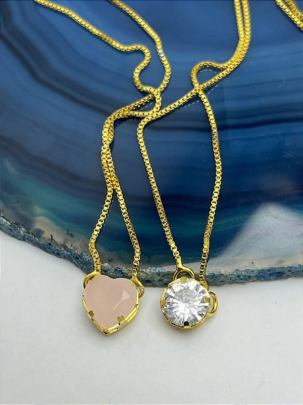 Escapulário Coracao Cristal Rosa Zircônia Medida 60Cm Banho Ouro 2 Milésimos Com Verniz Protetivo