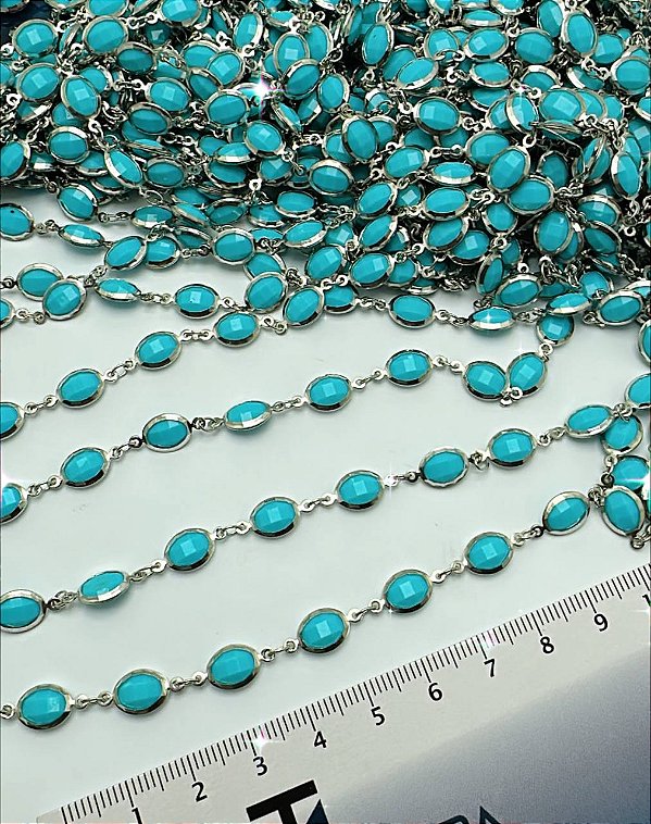 Corrente Oval Cristal Azul Turquesa -  Níquel Branco