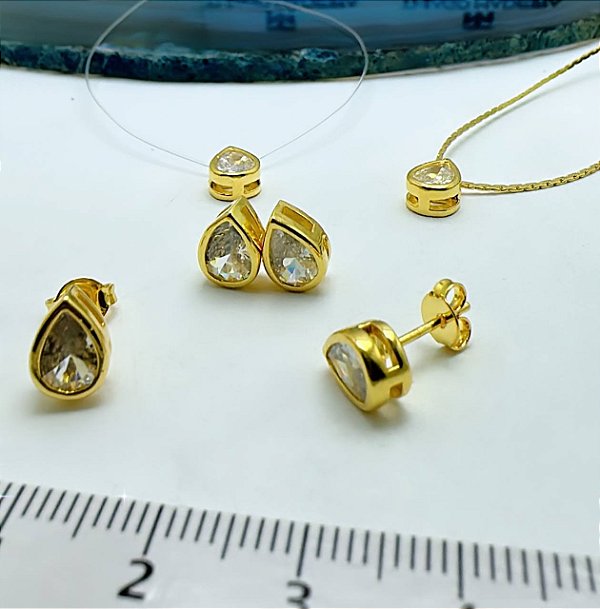 Conjunto Pingente Gota + Brinco Zirconia - Banho De 3 Milésimos De Ouro 18K