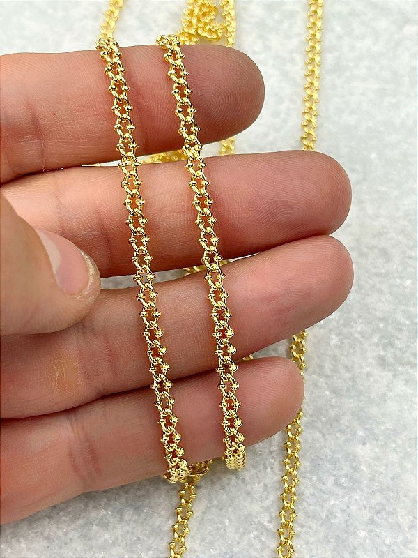 Corrente Grume Trabalhada Fina banho ouro 2 milésimos com verniz italiano - 1 Metro