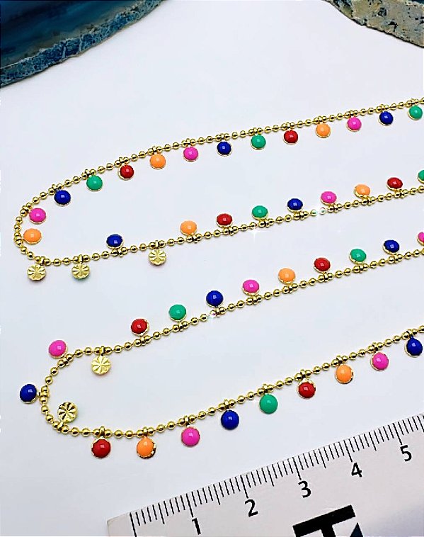 Corrente Bolinha Colorida - Banho 2 Milésimos De Ouro com verniz italiano - 1 metro