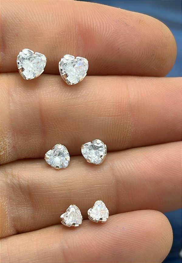 Trio Brinco Coração Zircônia Cristal Banho Prata 50 Milésimos  Semijoia - 3 Pares