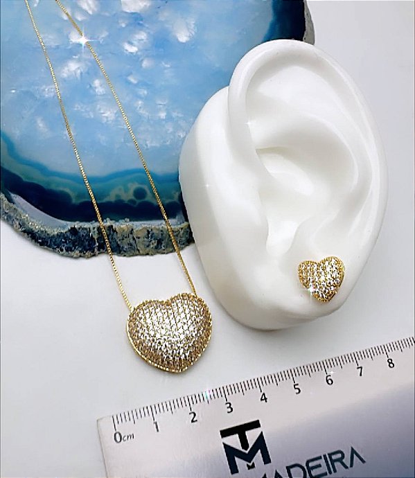 Conjunto  Coracao Colar + Brinco - Banho 02 Milésimos De Ouro 18K