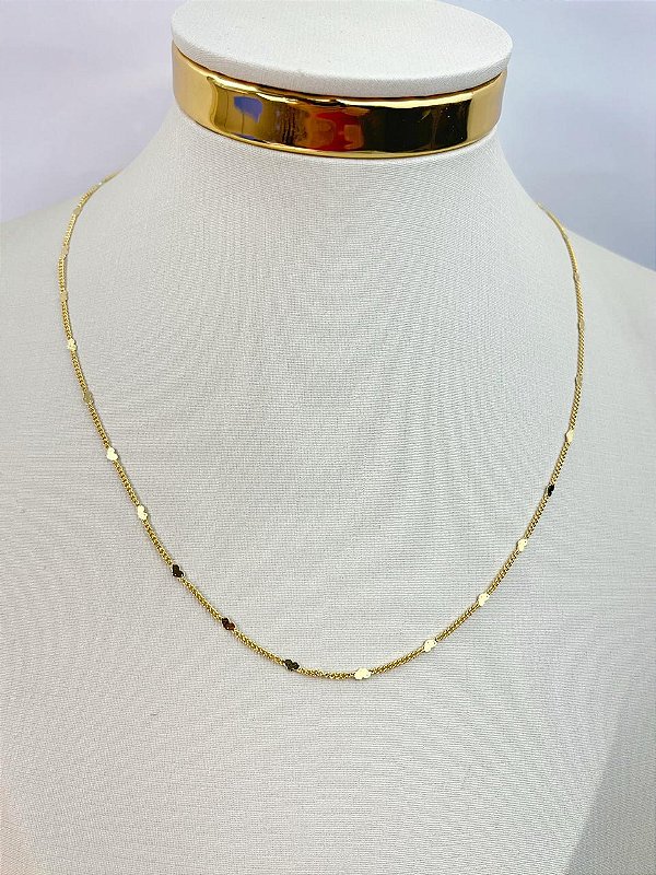 Colar Grume Coracao Diamantada medida 40Cm com Alongadora - Banho Ouro Camada 2 Milésimos e Verniz Protetivo