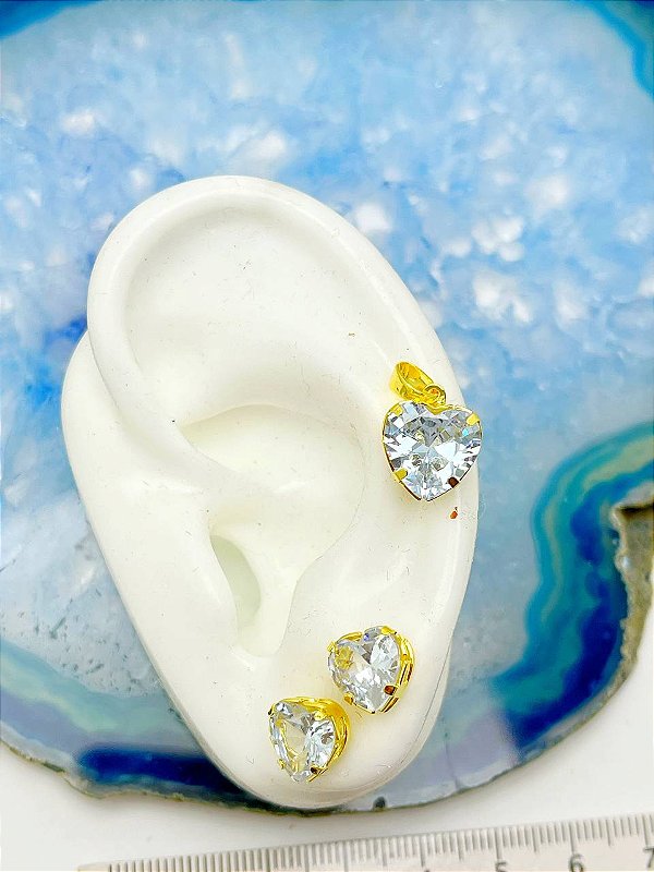 Conjunto Coracao Cristal Zirconia - Pingente tamanho 10mm e Brinco tamanho 8mm - 1 Unidade - Banho Ouro Camada 2 Milésimos Com Verniz