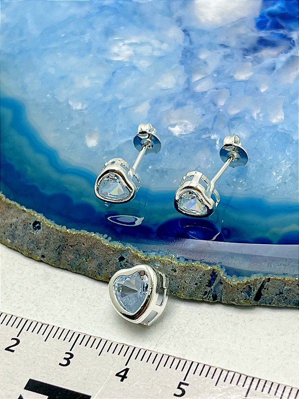 Conjunto Coracao Zirconia cristal - caixa banho Prata 50 milésimos com verniz - brinco e pingente