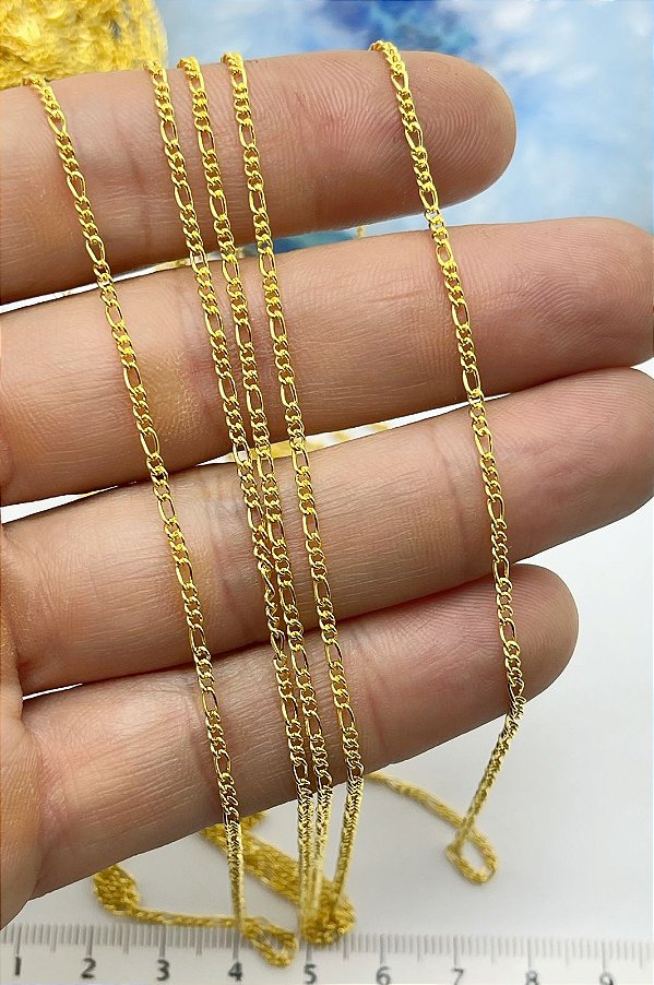 Corrente grume para terço modelo 3x1 Código 614 - Banho ouro 2 milésimos de camada com verniz - 1 Metro