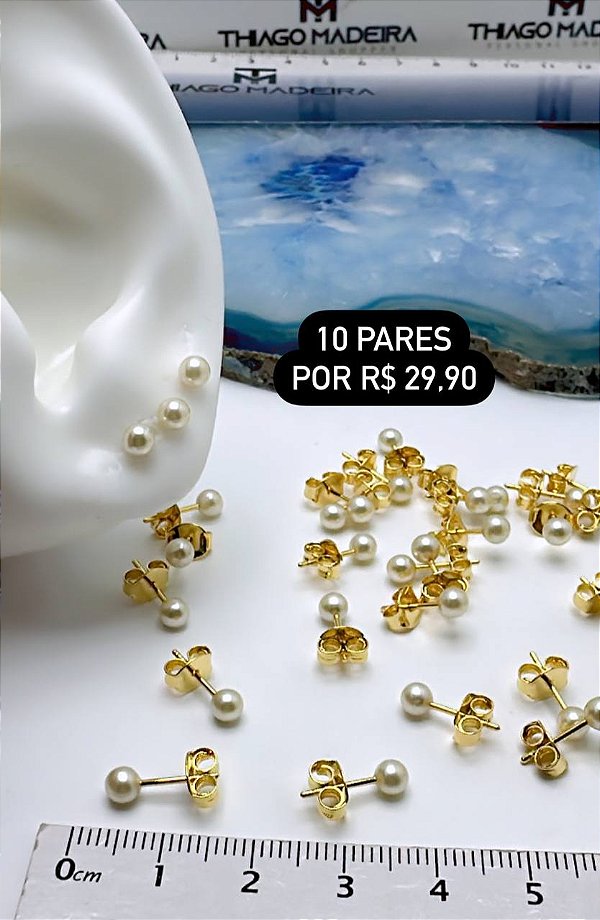 Brinco de Perola Bolinha Pequena Ouro - 10 pares