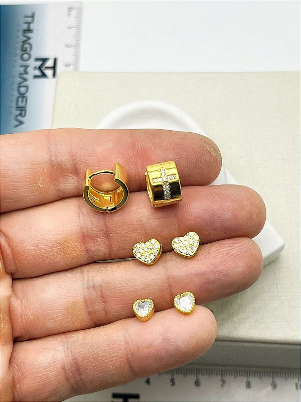 Trio Brinco cravejado zirconia - coracao e cruz - argola e tarraxa - Banho ouro camada 2 milésimos com verniz 3 pares