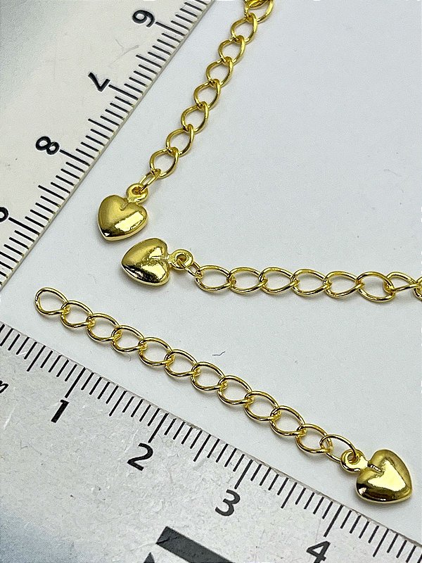Corrente Alongadora Cortada Com Terminal Pingente - Kit Com 10 Unidades Extensora Com Aproximadamente 5Cm - pingente coracao - Banho Ouro 2 Milésimos Com Verniz Protetivo