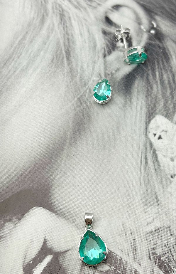 CONJUNTO PRATA GOTA VERDE TURQUEZA - BANHO PRATA 925 COM 50 MILÉSIMOS CAMADA E VERNIZ - BRINCO E PINGENTE