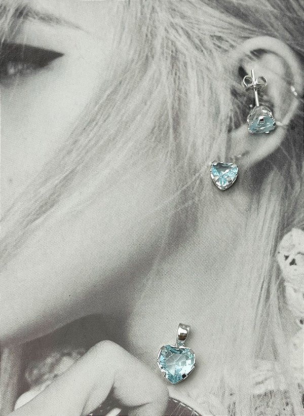 CONJUNTO PRATA CORACAO BLUE ZIRCON - BANHO PRATA 925 COM 50 MILÉSIMOS CAMADA E VERNIZ - BRINCO E PINGENTE