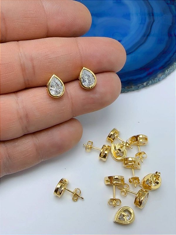 Brinco gota zirconia - O par - banho de 02 milesimos mais verniz protetivo