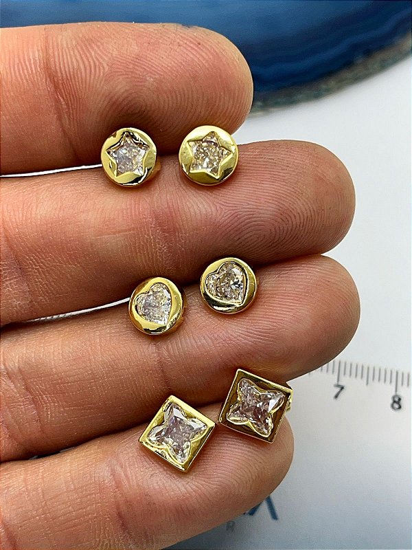 TRIO BRINCO OURO ZIRCONIA CRISTAL COM TARRAXA - 3 PARES - BANHO OURO CAMADA 2 MILÉSIMOS COM VERNIZ