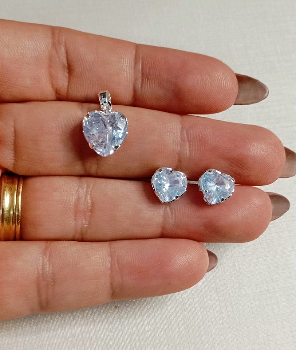 Conjunto Coracao Zirconia Banho Prata 925 camada 50 milésimos com verniz - Brinco e Pingente