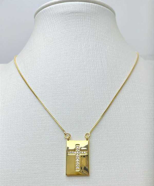 Colar pingente Cruz cravejado zircnonia cristal - banho Ouro  - 1 unidade