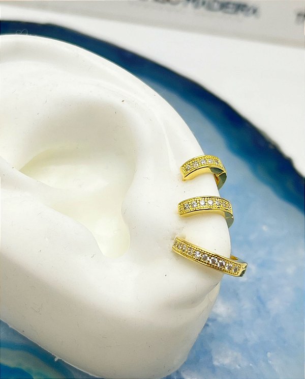 Trio Brinco Argola Zirconia Cravejada cravejada cristal - tipo click - 3 pares - P M G - Banho ouro 18k com verniz protetivo