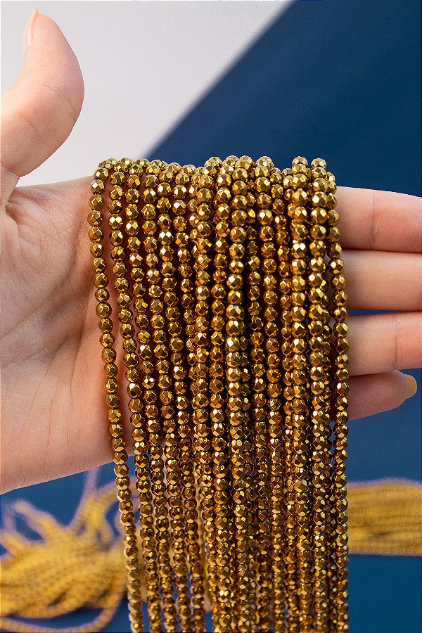 Fio Hematita Dourada Bolinha 4mm Facetada - O Fio
