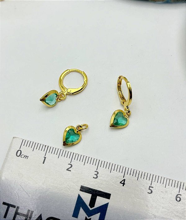 Conjunto Brinco E Pingente  CORAÇÃO VERDE Ouro - 01 Conj