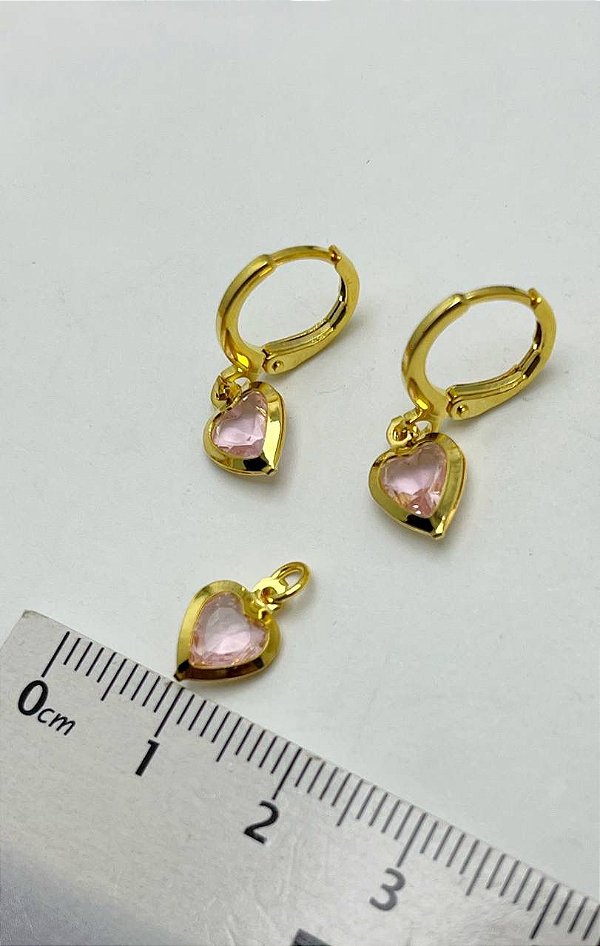 Conjunto Brinco E Pingente CORAÇÃO ROSA Ouro - 01 Conj
