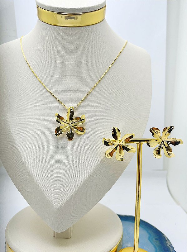Conjunto Colar e Brinco Flor - 1 Conjunto banho ouro 2 milésimos