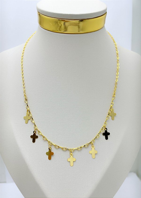 Colar com pingente cruz - medida 35cm mais alongadora e fecho - 1 unidade banho ouro camada 2 milésimos com verniz