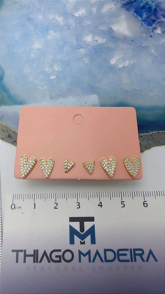 Trio Brinco Coracao Cravejado Ouro 18k - 01 trio
