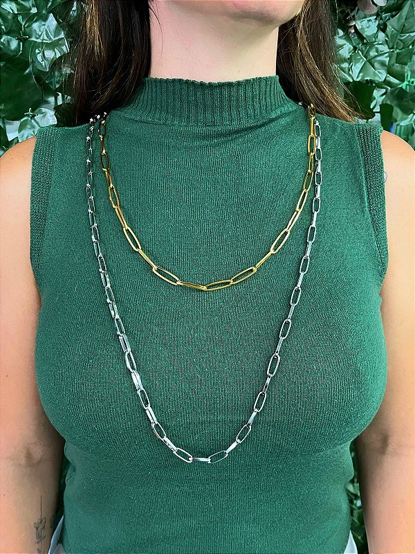 Colar Longo duplo Cartier em Aço inox polida e cartier banho ouro - medida 80cm - 1 unidade de cada