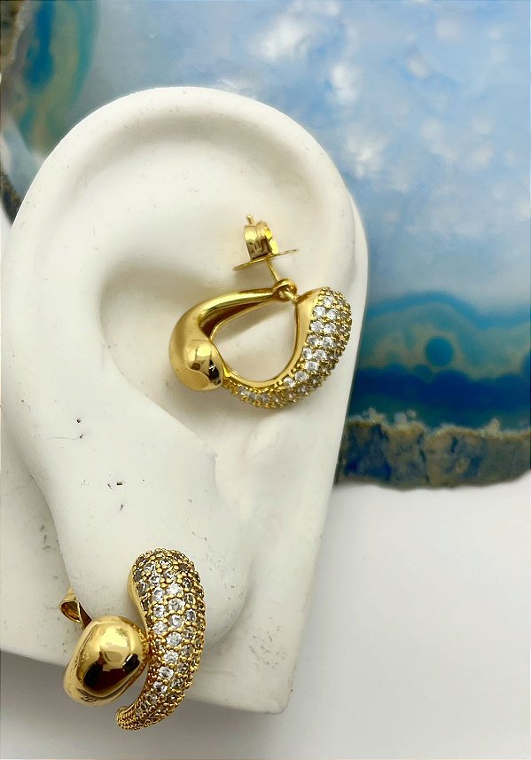Brinco Gota cravejado zirconia cristal com tarraxa - 1 par - banho ouro com verniz