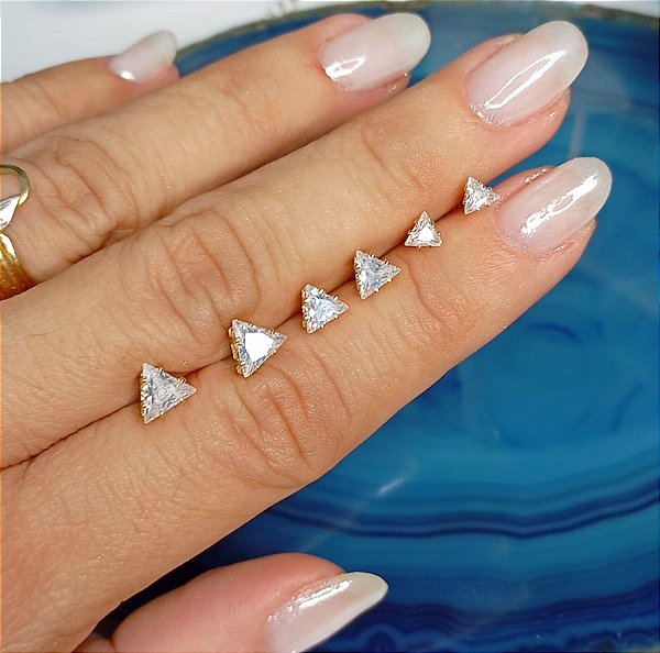 Trio Brinco Triangulo Zircônia Cristal - Conjunto 3 Pares - Banho Ouro 2 Milésimos Camada Com Verniz italiano