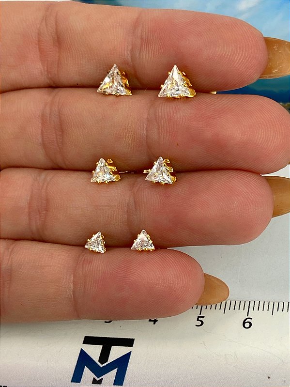 Trio Brinco Triangulo Zircônia Cristal - Conjunto 3 Pares -  Banho Ouro 2 Milésimos Camada Com Verniz italiano