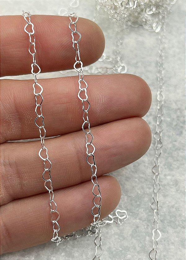 Corrente Coracao Pequena 5Mm - Alongadora Extensora - Banho Prata 925 semijoia camada 50 milésimos Com Verniz Protetivo - 1 Metro