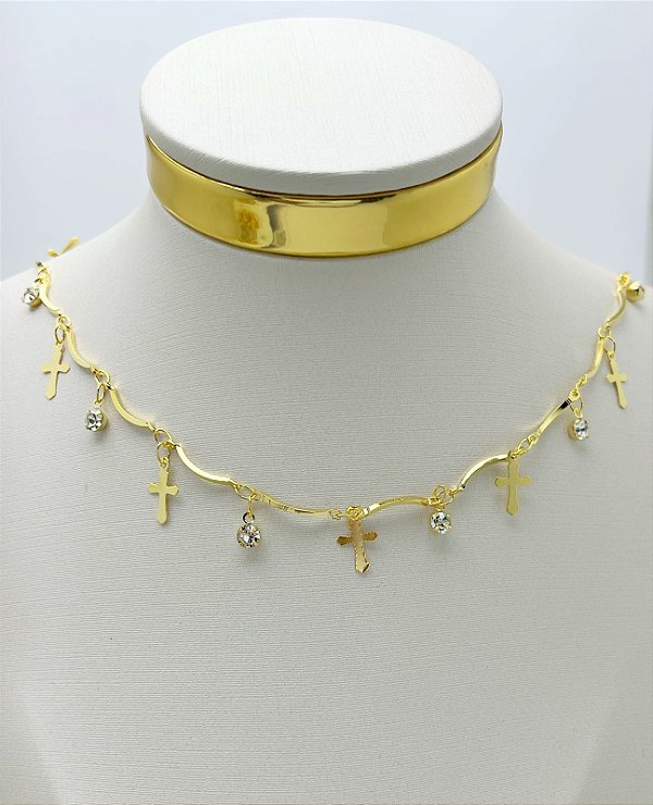 Corrente palito Cruz com Zirconia cristal - banho ouro 2 milésimos com verniz italiano - 1 metro
