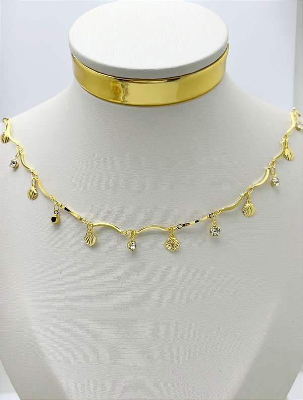 Corrente Palito Concha Zirconia - banho ouro 18k com 2 milésimos de camada - 1 metro