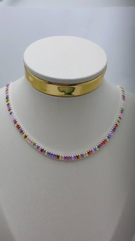 Colar Riviera Colorida 45cm Banhado Prata - 01 Und