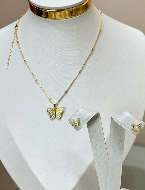 Conjunto Borboleta cravejada zirconia - com colar veneziana 45cm mais extensora - brinco e colar cravejados - Banho ouro 18k camada 2 milésimos e verniz
