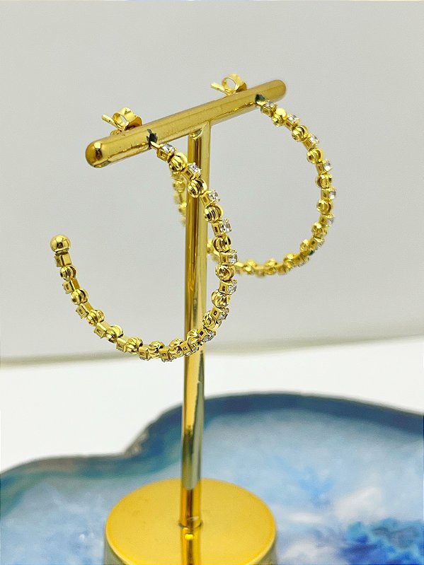 Brinco Argola zircônia bolinha - banho ouro - 1 par