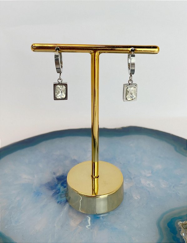 Brinco Argola Click Quadrado Zirconia Aço Inox - 1 par