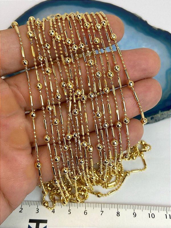 Corrente Bolinha diamantada com bola - 4mm e 1,5mm - banho ouro camada 2 milésimos com verniz - 1 metro