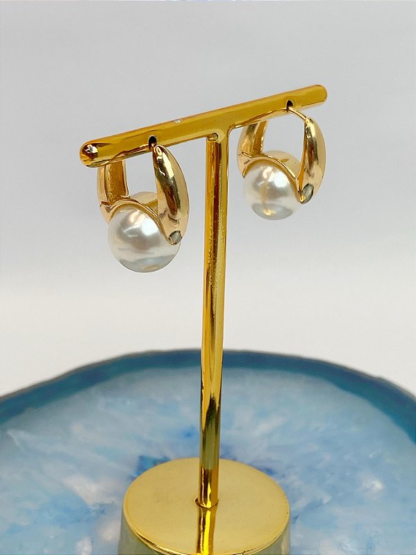 Brinco argola com perola - banho ouro  - 1 par