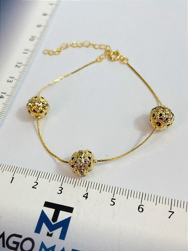 Pulseira Bola com zirconia cristal  - 17cm mais extensora - banho ouro 2 milésimos - 1 unidade