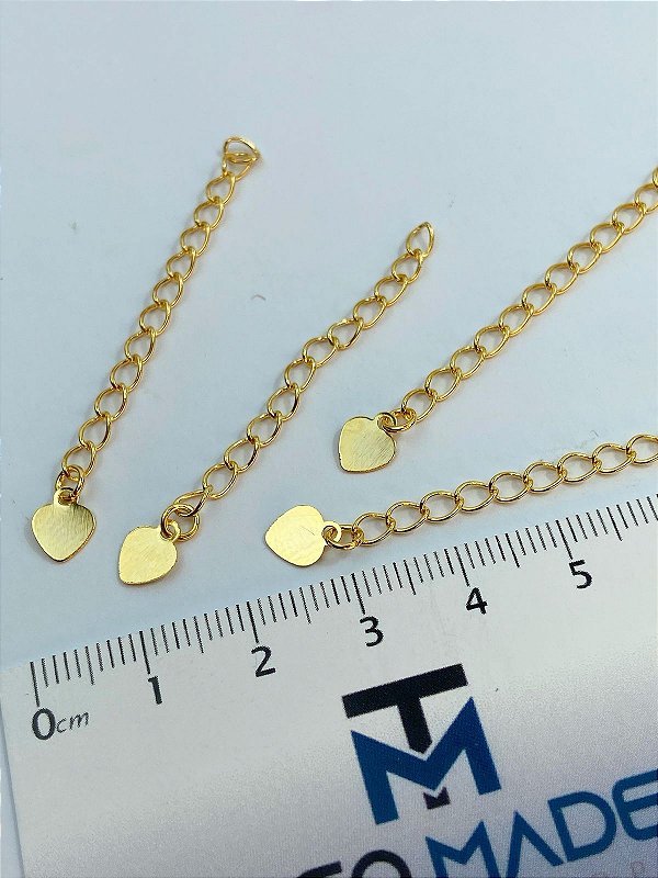 Corrente Alongadora Cortada Com Terminal Pingente Coracao - Kit Com 10 Unidades Extensora Com Aproximadamente 5Cm - pingente coracao - Banho Ouro 2 Milésimos Com Verniz Protetivo