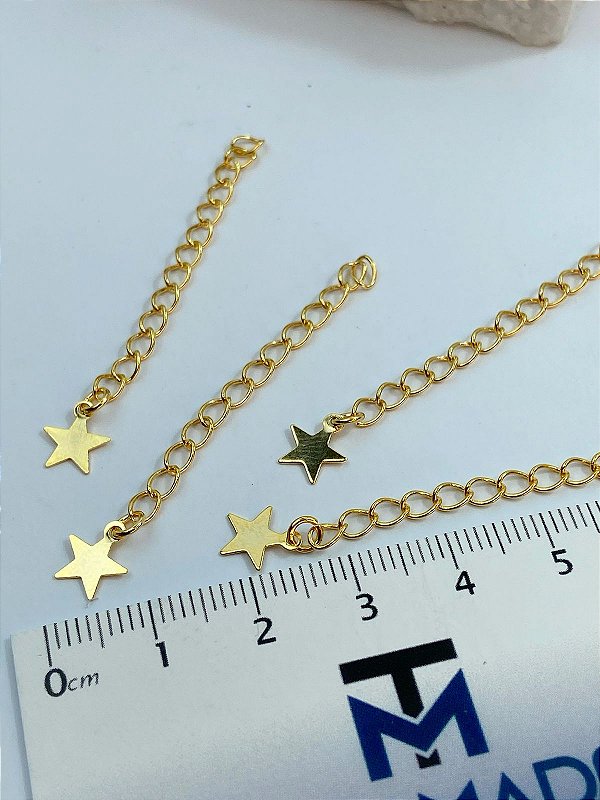 Corrente Alongadora Cortada Com Terminal Pingente Estrela - Kit Com 10 Unidades Extensora Com 5Cm - pingente Estrela - Banho Ouro 2 Milésimos Com Verniz Protetivo