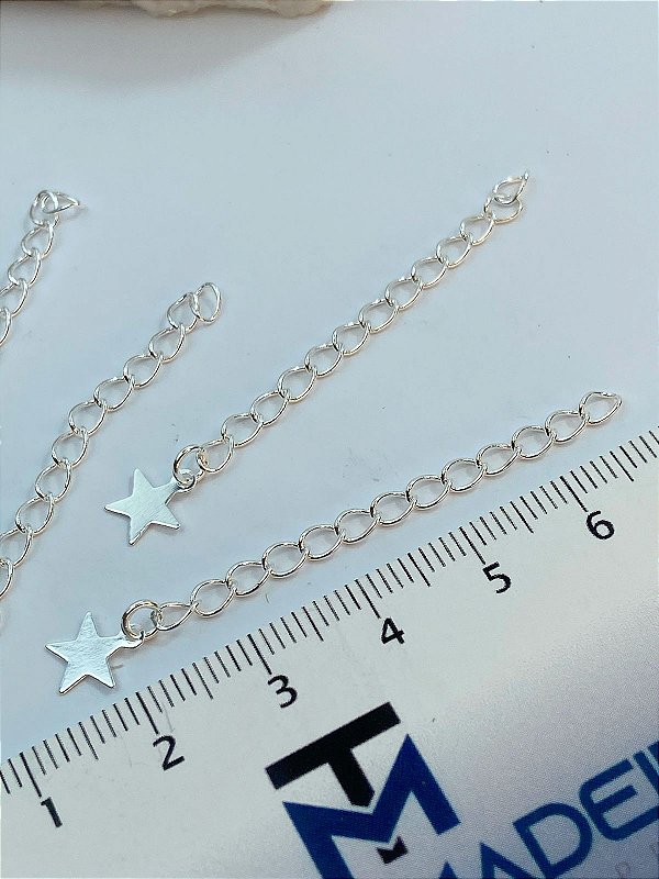 Alongadora Cortada Com Terminal Pingente Estrela - Kit Com 10 Unidades Extensora Com Aproximadamente 5Cm - pingente coracao - Banho Prata 925 camada 50 milésimos Verniz Protetivo - semijoia