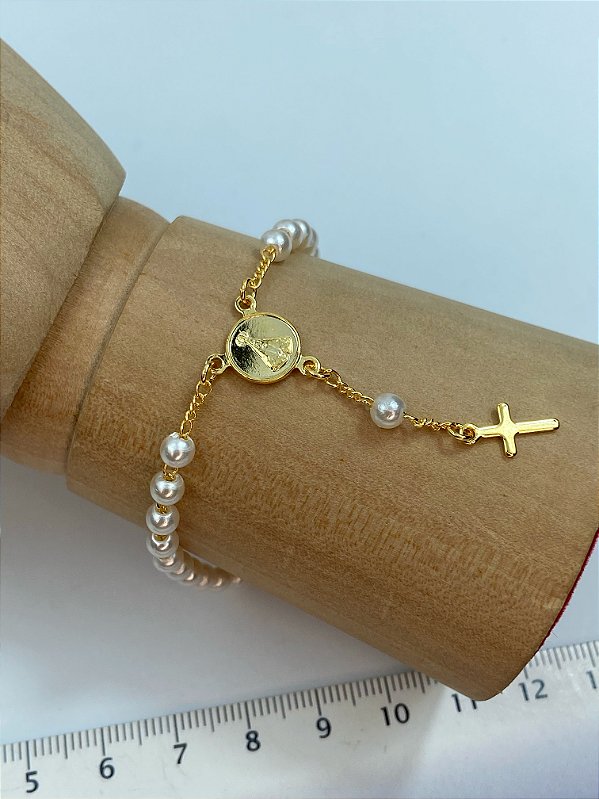 Pulseira Terço Aparecida pérola Banho ouro 2 milésimos - medida 17cm com extensor