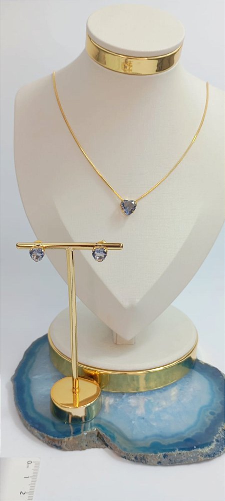 Conjunto colar e brinco coração zirconia lilas
