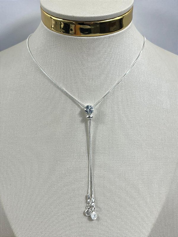 Colar Ponto De Luz Gravatinha Zircônia Cristal Banho Prata 925 semijoia 50 milésimos Com Verniz italiano Protetivo