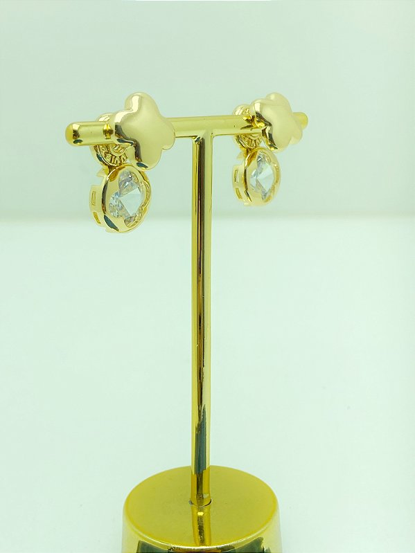 Brinco Trevo com zircônia banho ouro - 1 par
