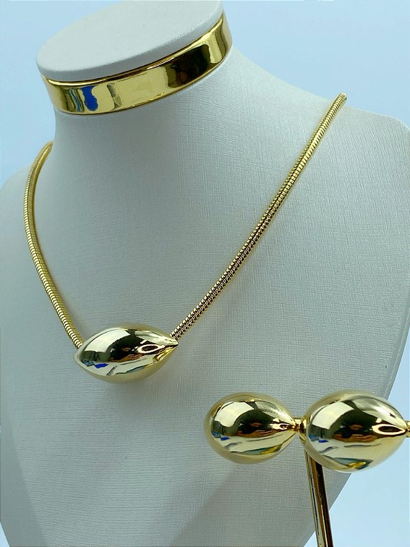 Conjunto Colar e Brinco Gota - 1 Conjunto banho ouro 2 milésimos com verniz italiano