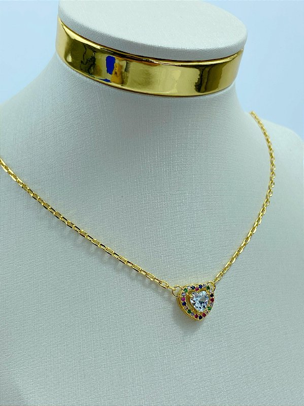 Colar Coracao zirconia cravejado colorido banho ouro 2 milésimos - 1 Unidade
